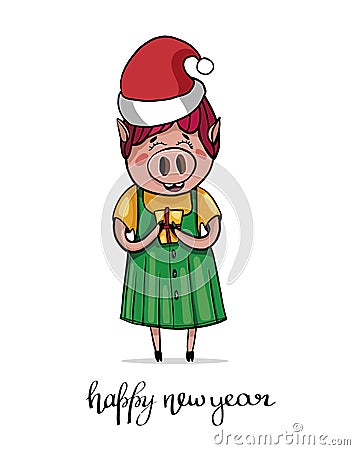 Cute smiling piggy girl in a beautiful dress and Santa`s cap. The character is holding a gift. Cartoon Illustration